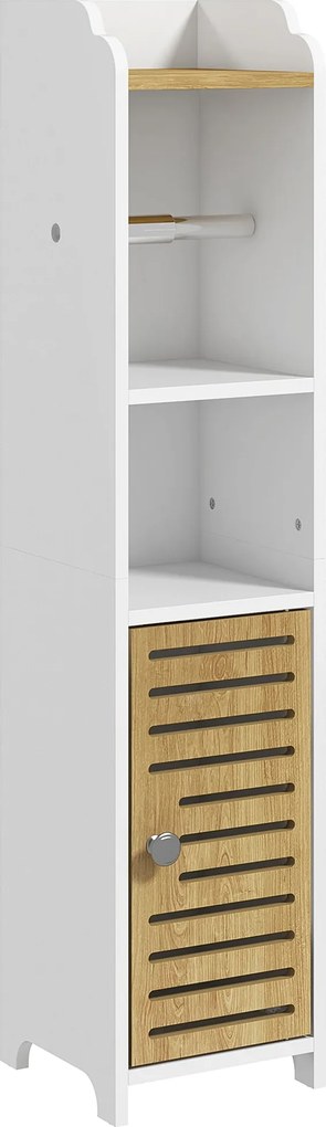 Kleankin Modern Fürdőszobai Szekrény Falioszlop Fürdőszobai Padló Szekrény Polcokkal 1 Ajtóval és WC Papír Tárolóval Hálószobába, Nappaliba 18x20x90 c