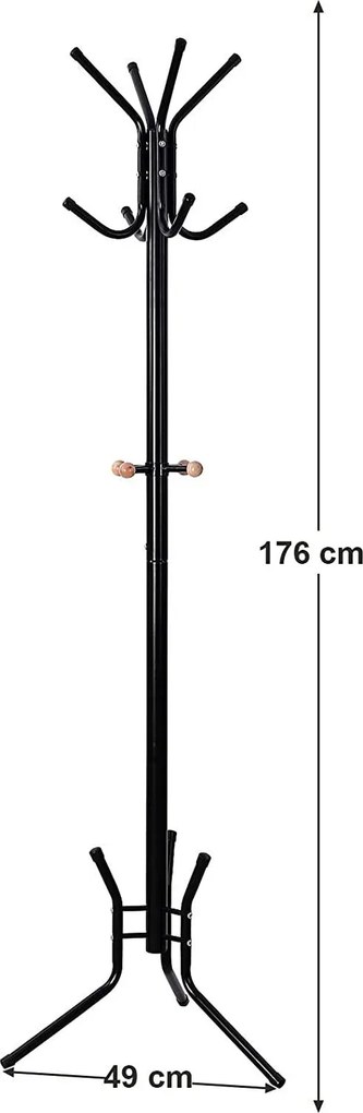 Álló fogas 12 kampóval, stílusos fém kabáttartó állvány 176 cm, fekete