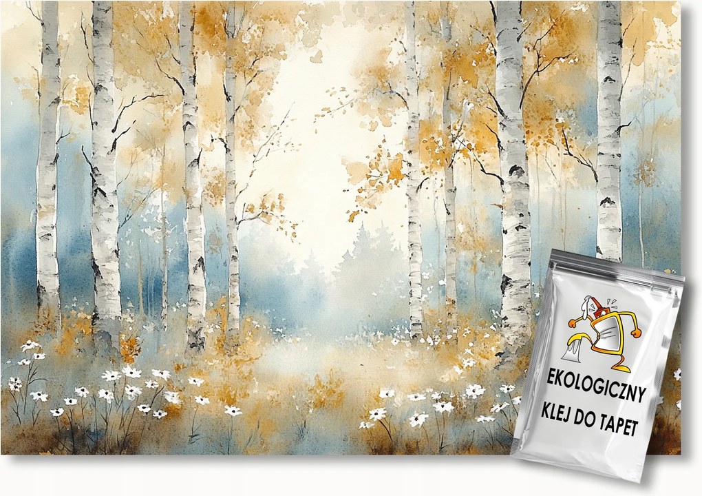 Fotótapéta Flizelina Grafika Tájkép Erdő Fák Nyírfák Virágok 250x175 ragasztó