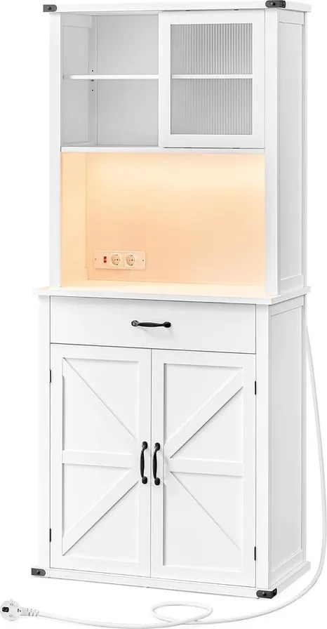 Vasagle LED-es Konyhai Tálalószekrény Ajtókkal és Fiókkal, Vidéki Stílus, Felhőfehér, LIRY