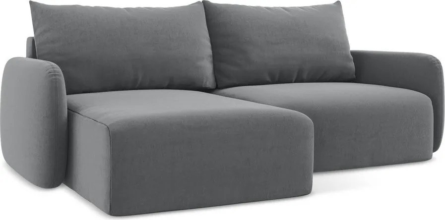 Szürke bársony kinyitható-tárolóhelyes sarokkanapé (bal oldali-heverő résszel) Kalena – Makamii