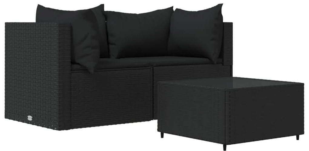 3 részes fekete polyrattan kerti ülőgarnitúra párnákkal