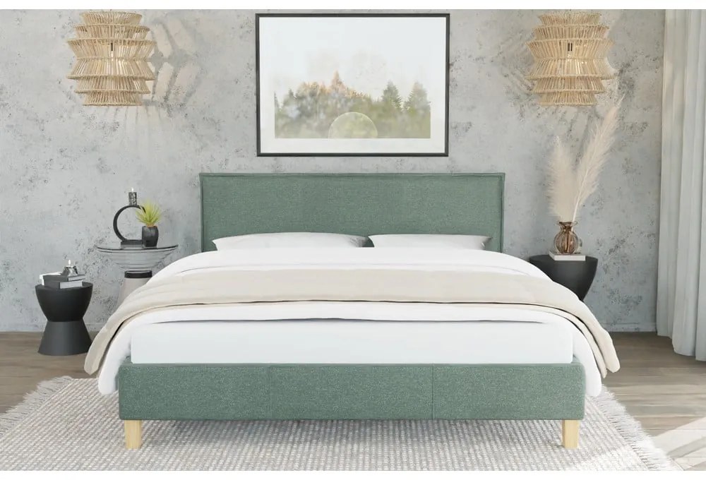 Zöld kárpitozott franciaágy ágyráccsal 140x200 cm Tina – Ropez