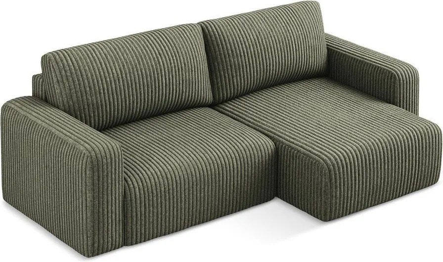 Zöld kordbársony kinyitható-tárolóhelyes sarokkanapé (jobb oldali-heverő résszel) Kona – Makamii