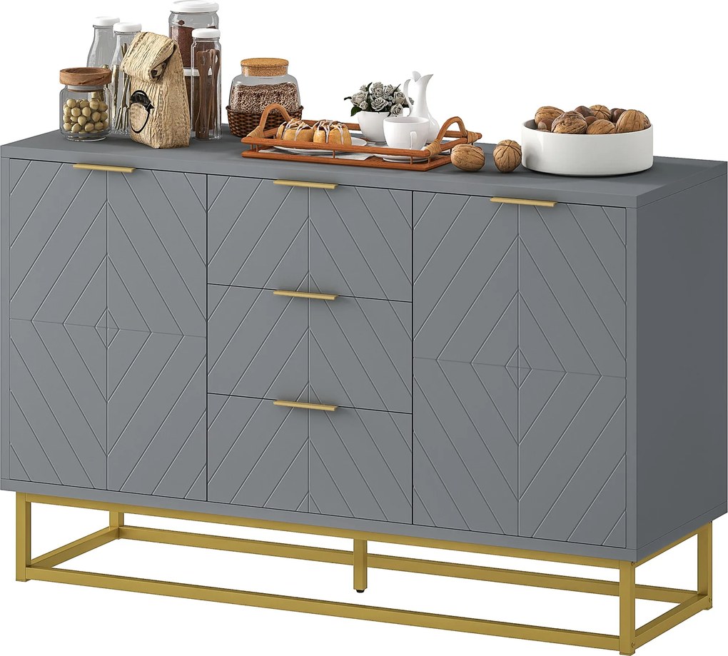 HOMCOM Modern Tálalószekrény 3 Fiókkal, 2 Ajtóval és Állítható Polccal 120x40x76 cm Szürke | Aosom