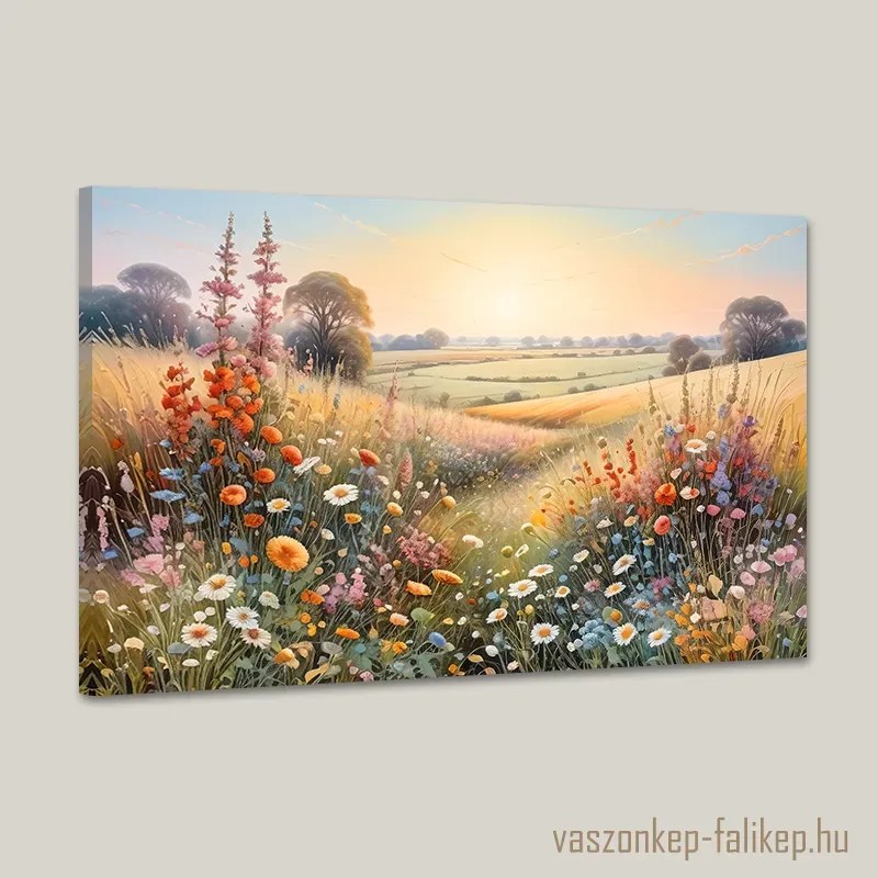 Színes virágok a csodás mezőn tájkép – prémium falikép 60x40 cm