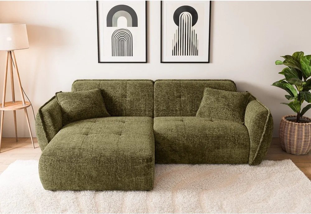 Zöld zsenília sarokkanapé (bal oldali-heverő résszel) Nelia – Ropez