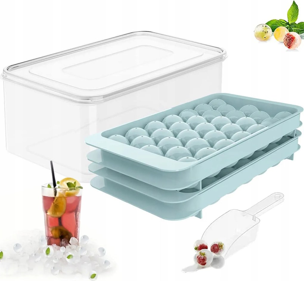 Kerek Jégkocka Forma, Gömb Alakú, 3 Tálcás, Fedeles Tárolóval, Golyócskák