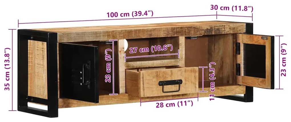 TV szekrény 100x30x35 cm tömör durva fa Mango