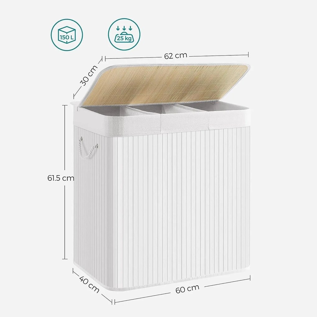 Bambusz kosár szennyestartó 3 rekeszes 3x50l, fehér