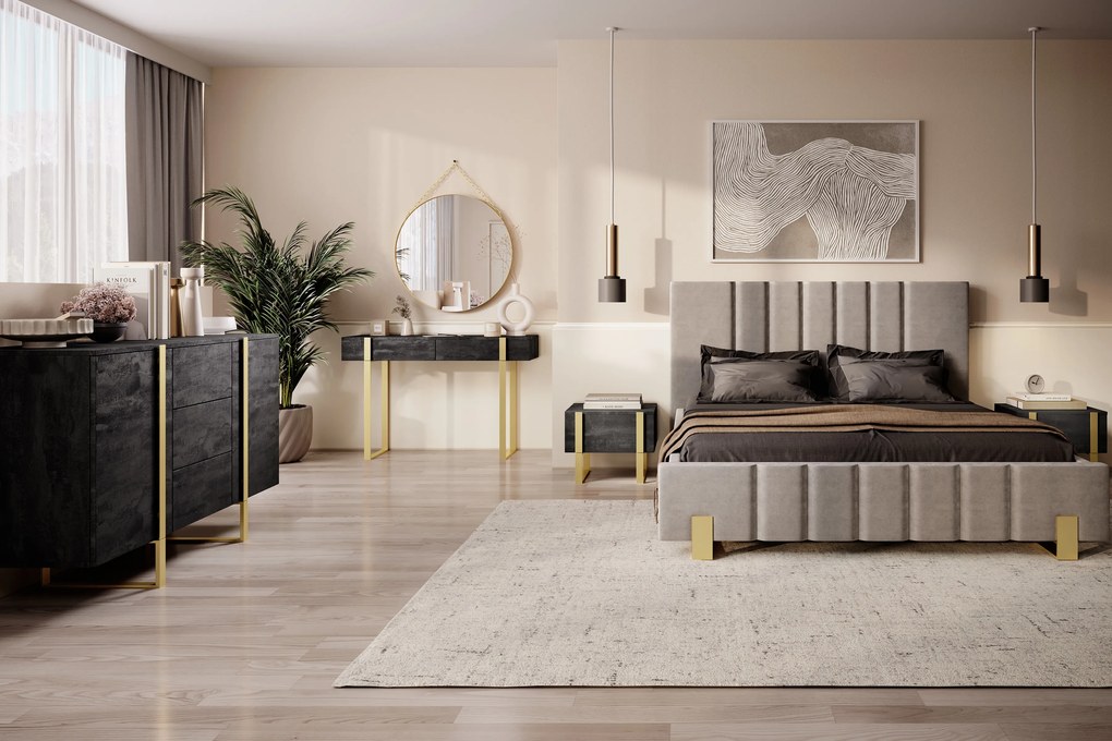 Verica modern konzolasztal / fésülködőasztal 120 cm fém lábakkal - fekete beton / arany lábak