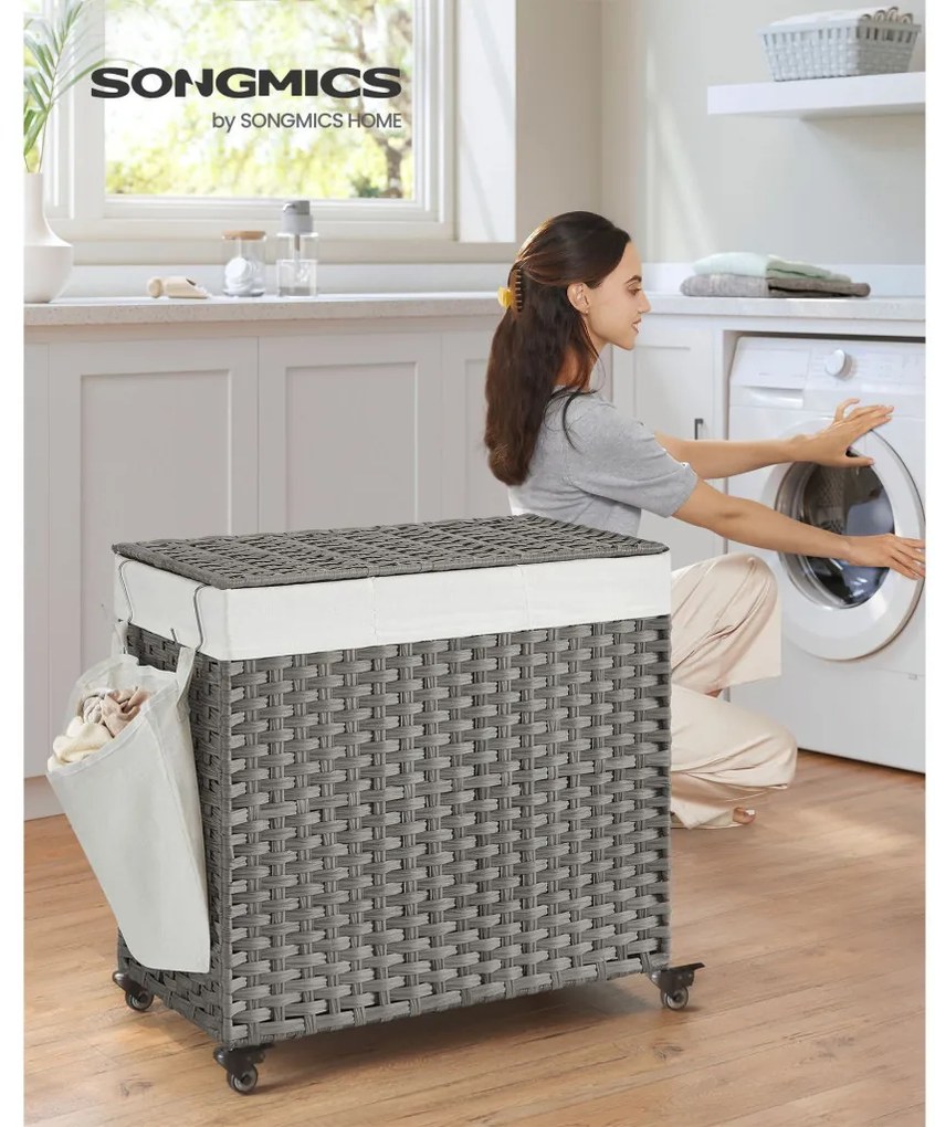 Kézzel fonott rattan stílusú szennyeskosár 3 rekesszel 140L, szürke