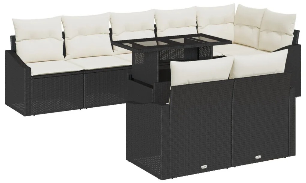 9 darabos kerti kanapé készlet párnákkal, fekete poly rattan