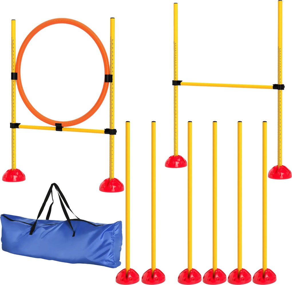 PawHut Agility Készlet Kutyáknak - 3 Részes Töltethető Agility Eszköz Kutyaképzéshez, Ugrás Akadály Szett Állítható Szlalom Bottal és Ugró Gyűrűvel Ko