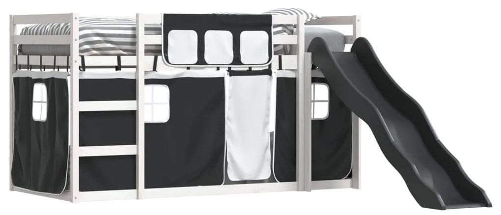 fehér-fekete emeletes ágy csúszdával és függönnyel 90 x 200 cm