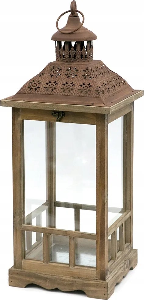 Lampion Barna Fa Fém H-60cm Retro Fogantyúval