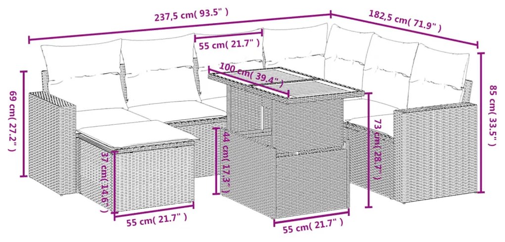 8 részes bézs polyrattan kerti ülőgarnitúra párnával
