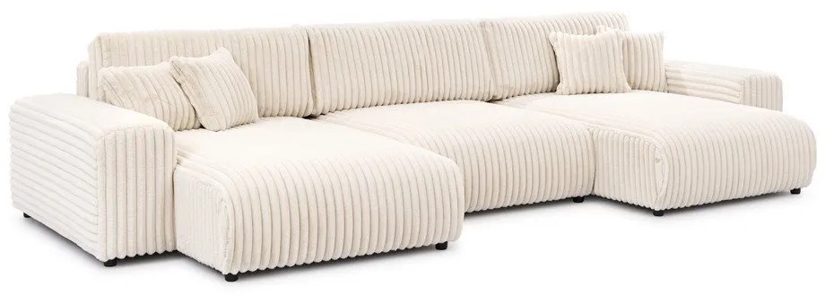 Krémszínű kordbársony kinyitható-tárolóhelyes sarokkanapé (U alakú) Sarina – Ropez