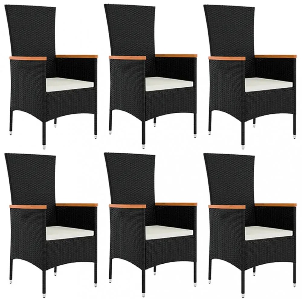 7 részes fekete polyrattan kerti étkezőgarnitúra párnával