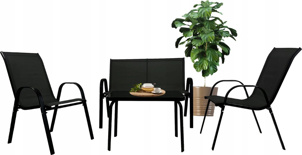 Kerti Bútor Szett Erkély Terasz Asztal Pad 2x Székek Marbella Fekete