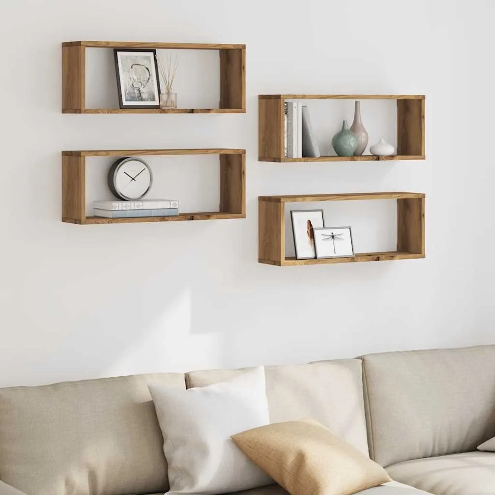 4 db kézműves tölgy színű szerelt fa fali kockapolc 60x15x23 cm