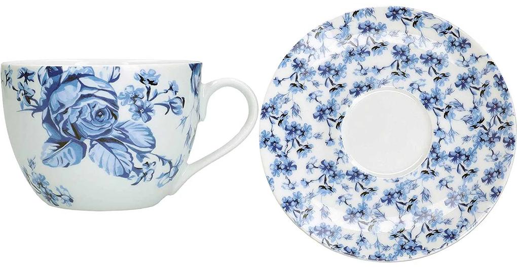Porcelán teáscsésze aljjal vintage kék rózsás Hampton