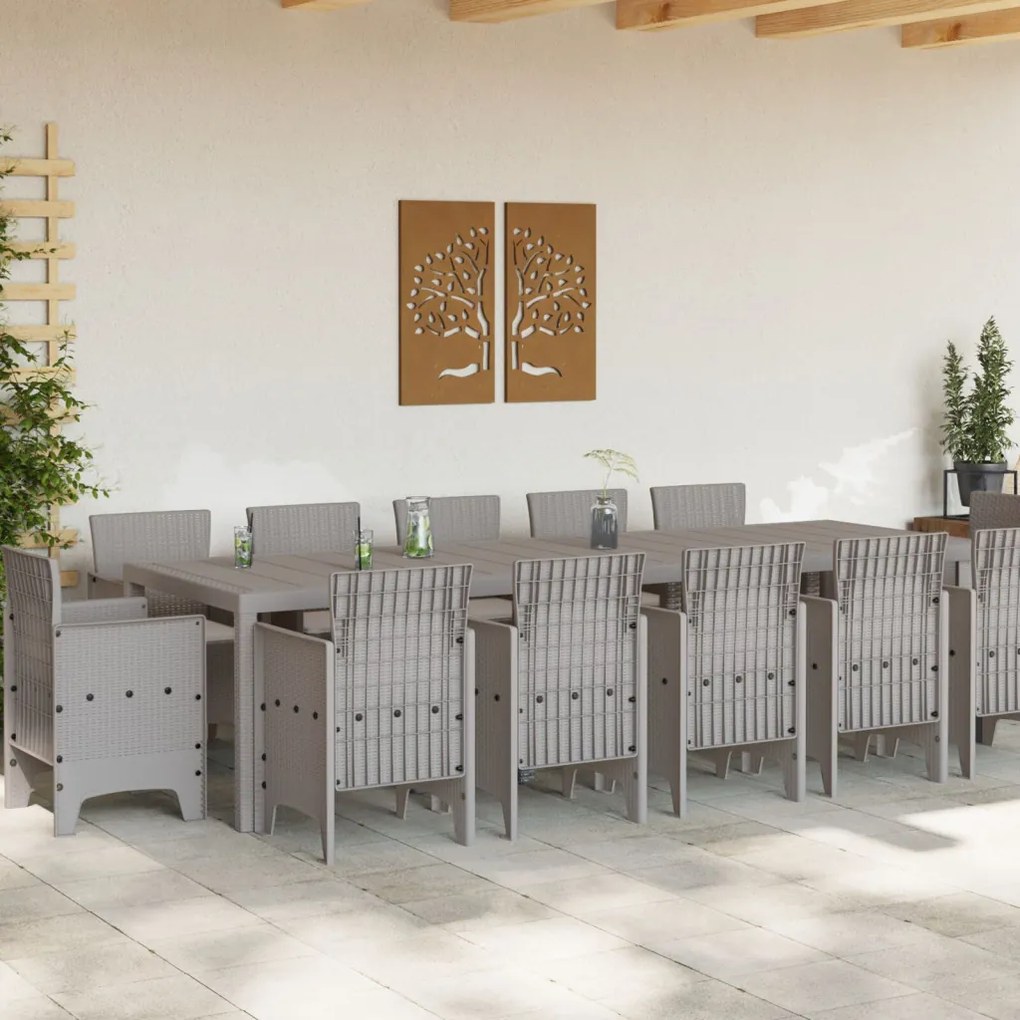 13 részes Kerti Étkező Szett Párnákkal Világosszürke Polirattan, Kerti Asztal Világosszürke 150x100x73 cm Polirattan, Kerti Székek Párnákkal 4 db Világosszürke Polirattan