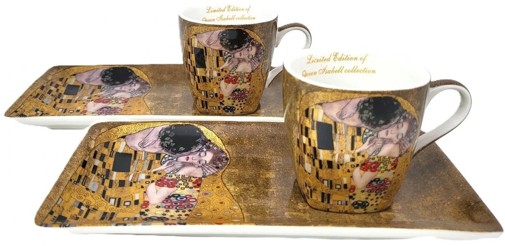 Kétszemélyes porcelán kis kávés csésze tálcával Klimt A Csók díszdobozban
