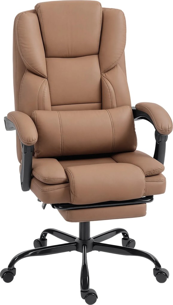 HOMCOM ergonomikus irodai szék lehúzható lábtartóval — állítható magasság, deréktámasz, 360°-os forgás, állatbarát műbőr, barna | Aosom
