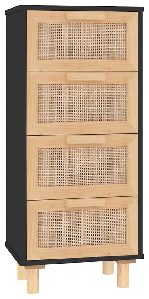fekete tömör fenyő/természetes rattan tálalószekrény 40x30x90cm