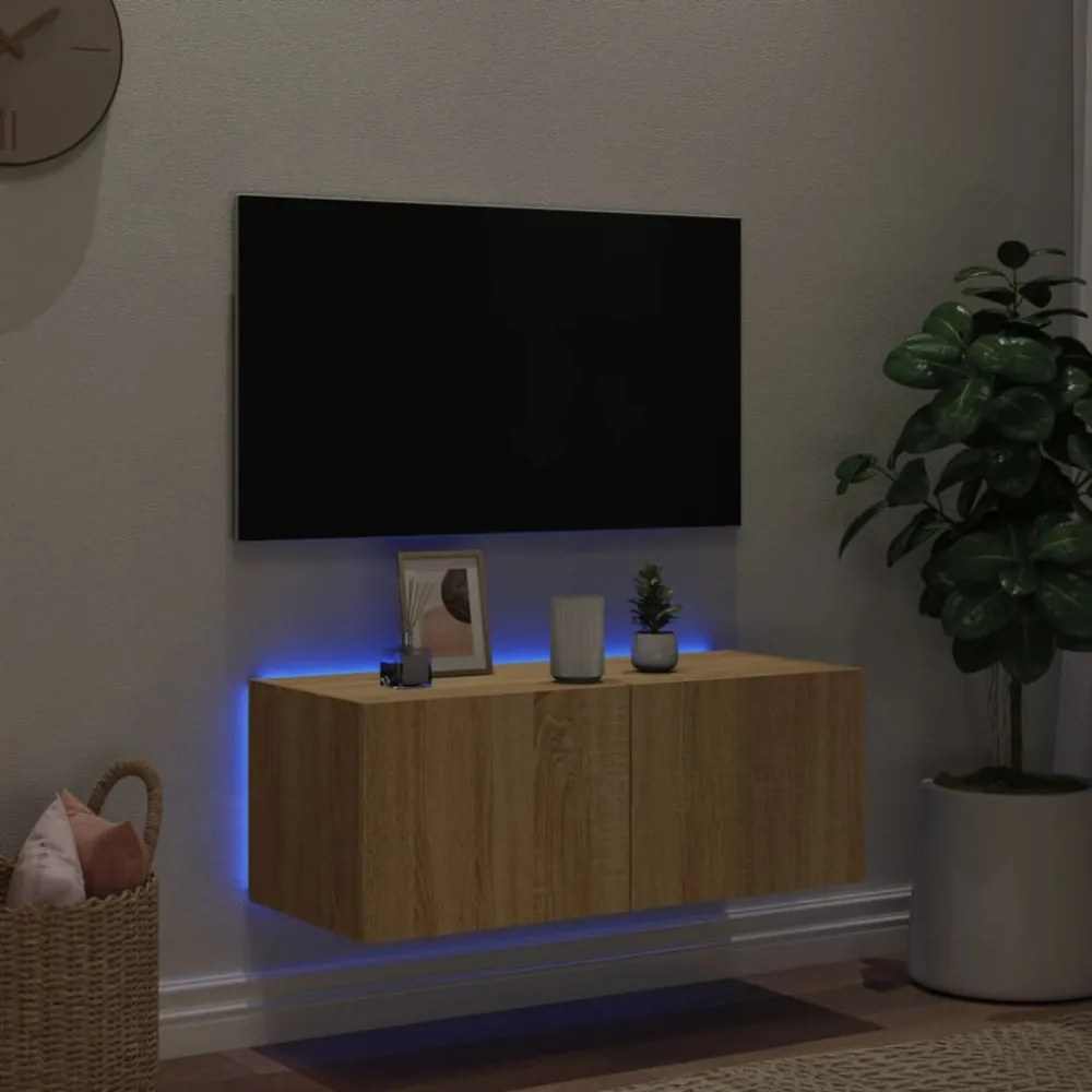 sonoma tölgy színű fali TV-szekrény LED-ekkel 80x35x31 cm