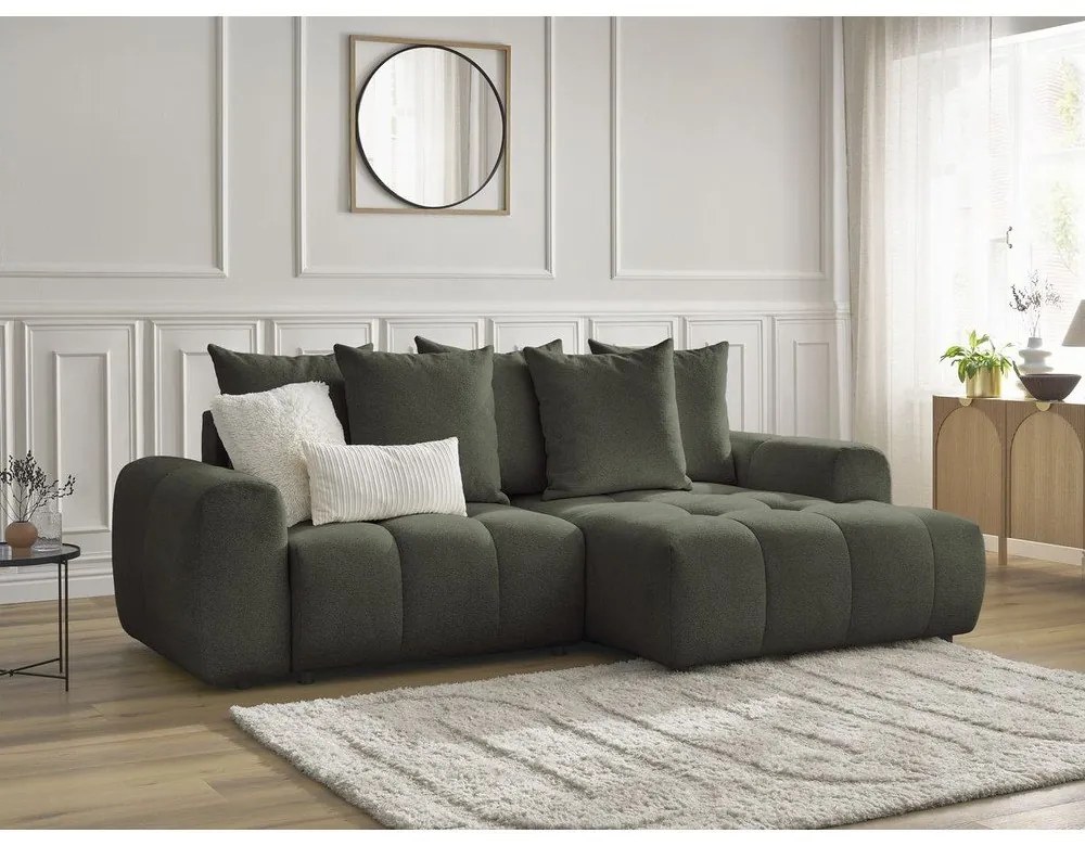 Khaki zsenília kinyitható-tárolóhelyes sarokkanapé (jobb oldali-heverő résszel) Roxelane – Bobochic Paris