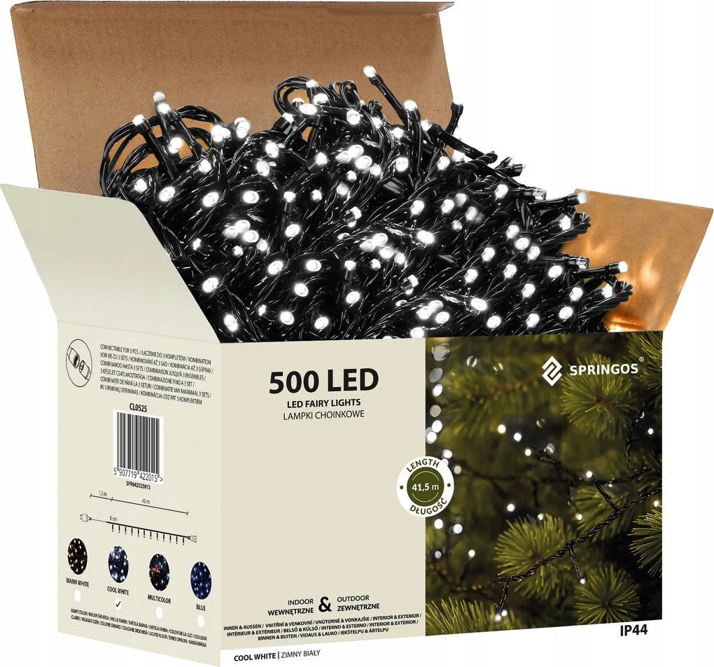 Karácsonyfa Fényfüzér 500LED Kültéri Hideg Fehér 40m Világítás