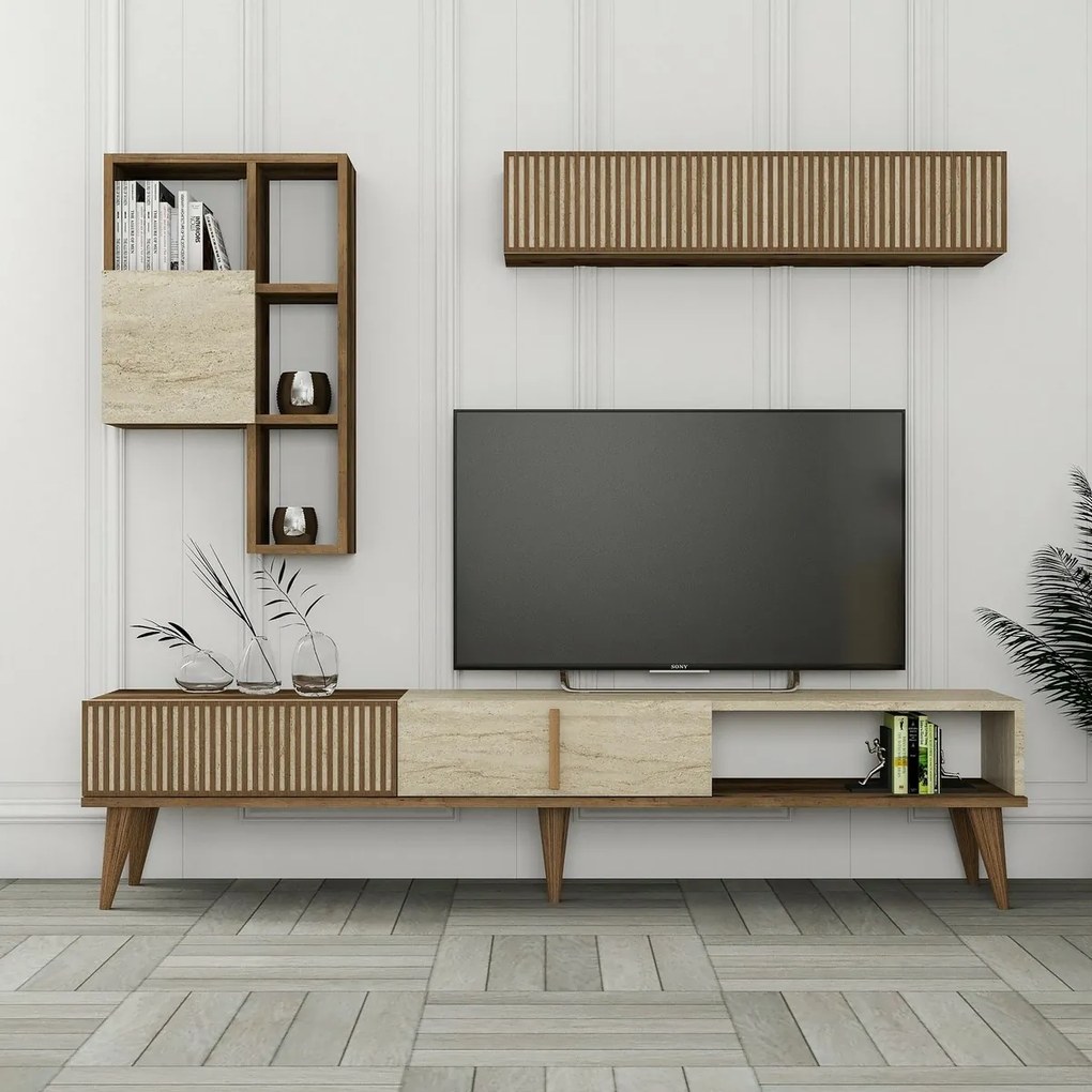 Milan Walnut and Travertine TV fal