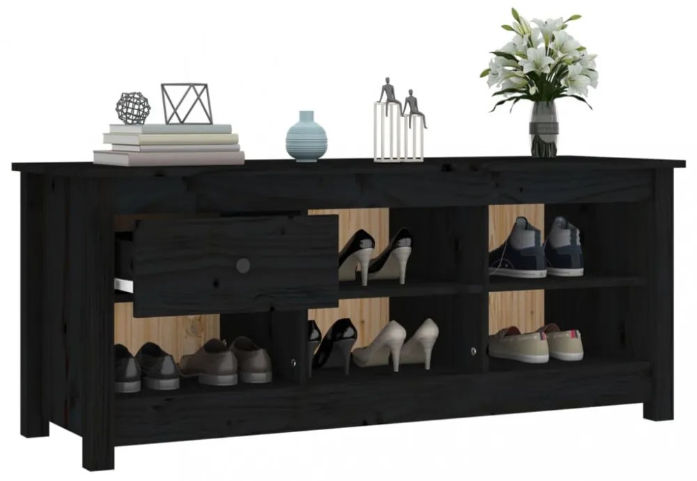 fekete tömör fenyőfa cipősszekrény 110 x 38 x 45,5 cm