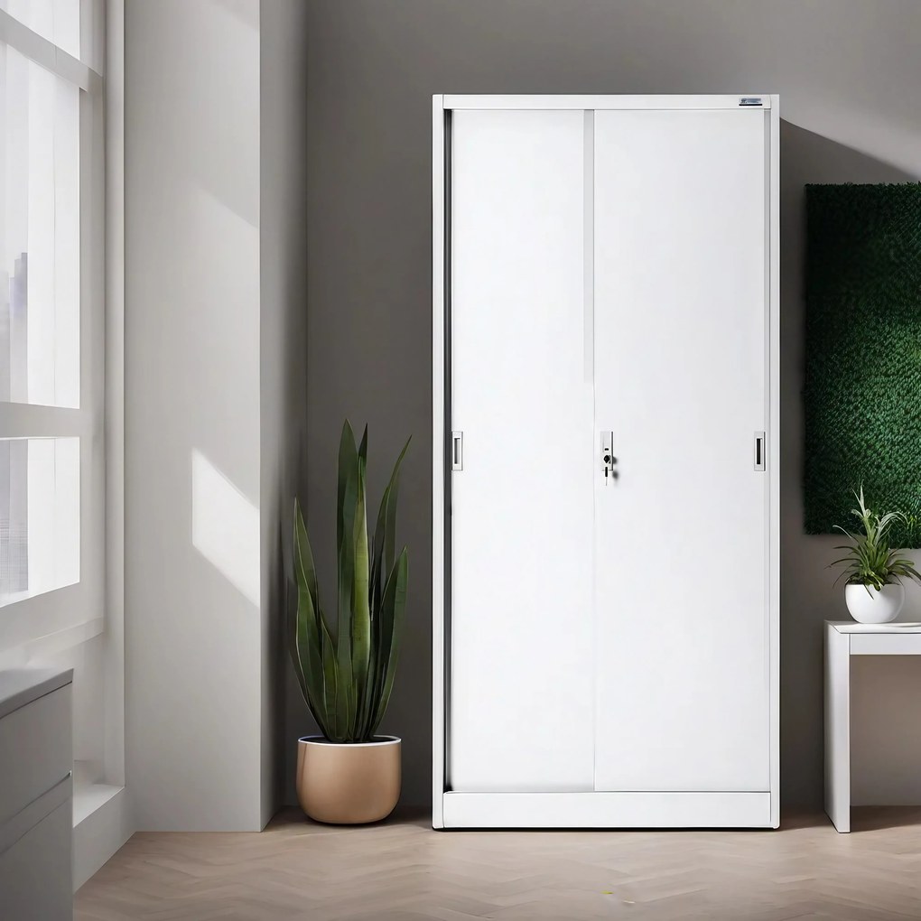 Fém iratszekrény polcokkal tolóajtókkal KUBA, 900 x 1850 x 400 mm, fehér