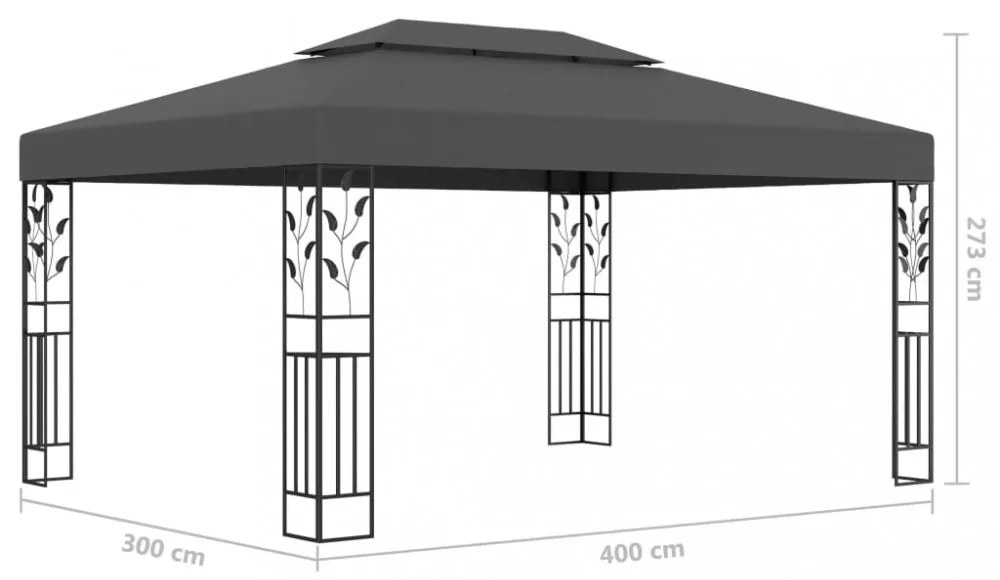 antracitszürke dupla tetős pavilon LED fényfüzérrel 3 x 4 m