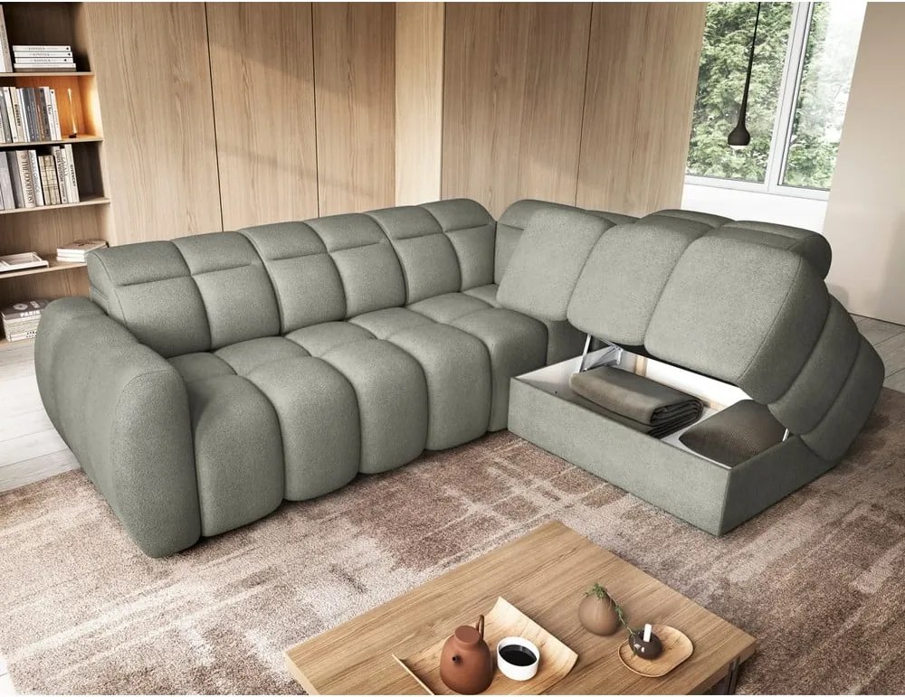 Szürkészöld buklé kinyitható-tárolóhelyes sarokkanapé (jobb oldali-L alakú) Falconn – ELTAP