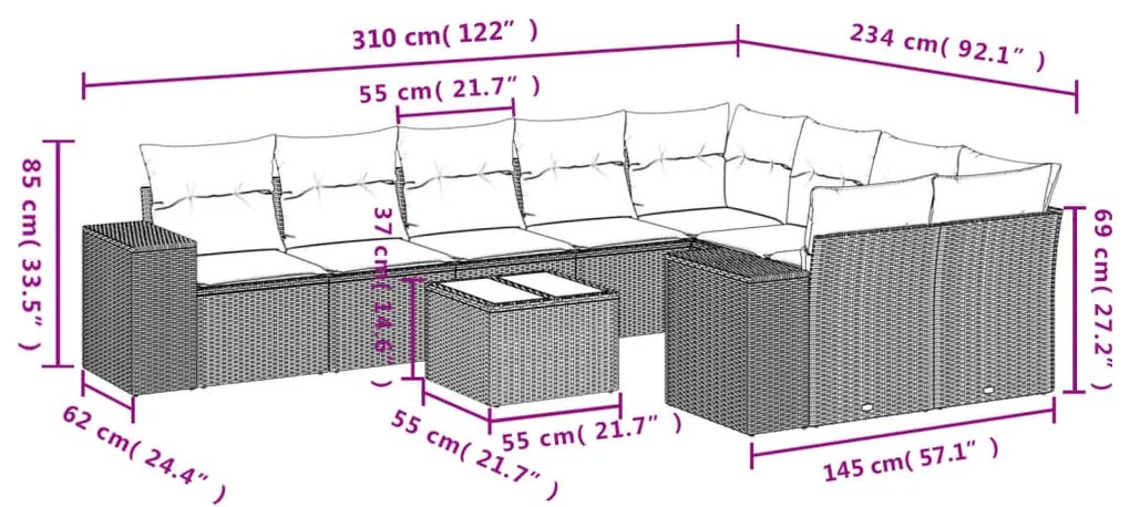 10 részes fekete polyrattan kerti ülőgarnitúra párnákkal