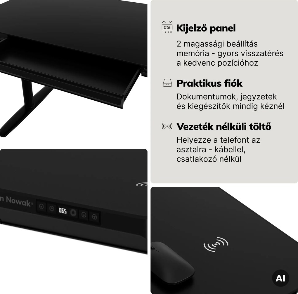 Elektromos ülő-álló íróasztal fiókkal és Qi vezeték nélküli töltővel fekete, 1600 mm: ELLIS
