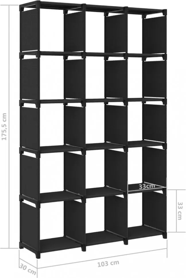 15 rekeszes fekete szövet polc 103 x 30 x 175,5 cm