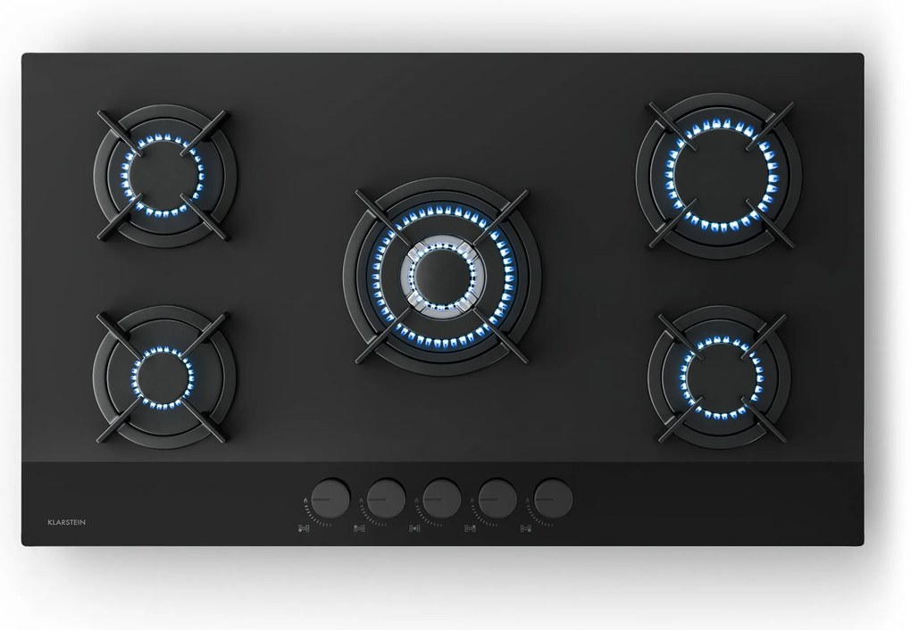 Klarstein Velaire gáztűzhely, 5 égős elektromos gyújtással, Földgázzal és LPG-vel kompatibilis, 10400 W, 90 cm