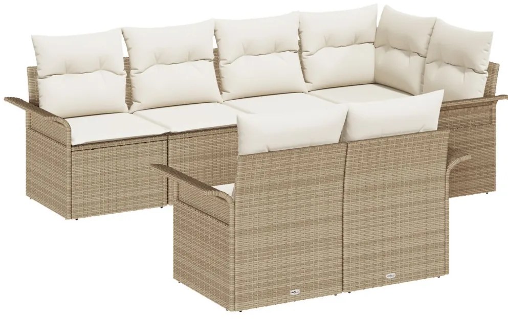 7 Részes Kert Sofa Szett Párnákkal Bézs Poli Rattan, 2-Személyes Kert Sofa Tárolóval és Párnákkal Bézs Poli Rattan