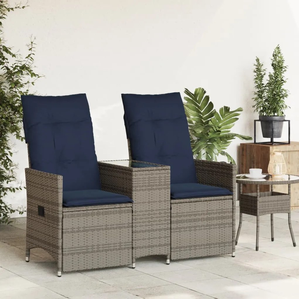 kétszemélyes dönthető kerti kanapé asztallal, szürke polyrattan