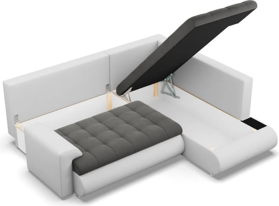 Tokio sarokkanapé, L alakú háttámlával, 2 ágyneműtartóval, bársony + műbőr, jobboldali, szürke - fehér