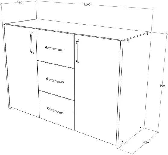 Malmo 2 ajtós, 3 fiókos komód, Fehér tölgy / Antracit, 120 x 42 x 80 cm