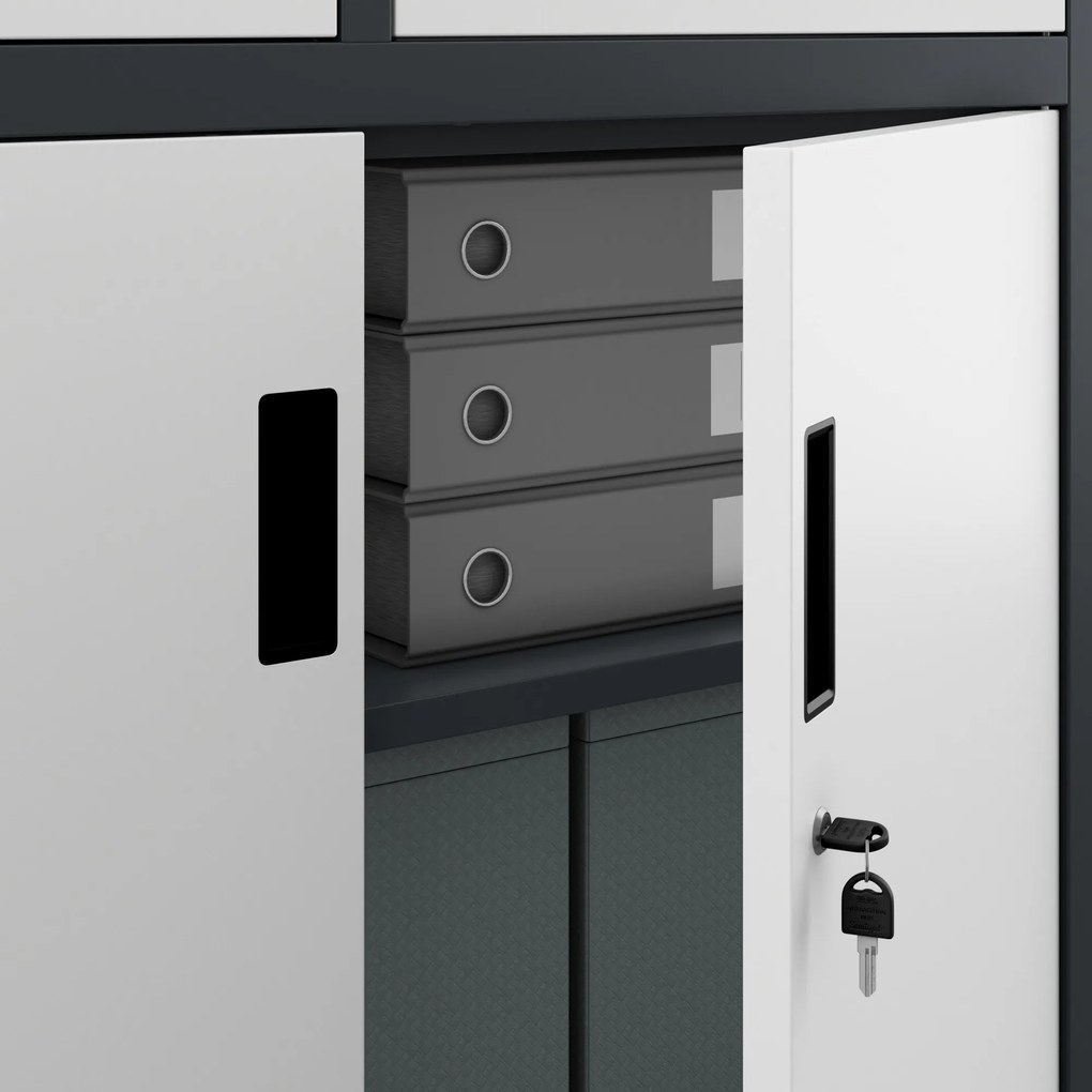 Fém iratszekrény széffel, vitrinnel és fiókokkal FILIP, 900 x 1850 x 400 mm, antracit-fehér