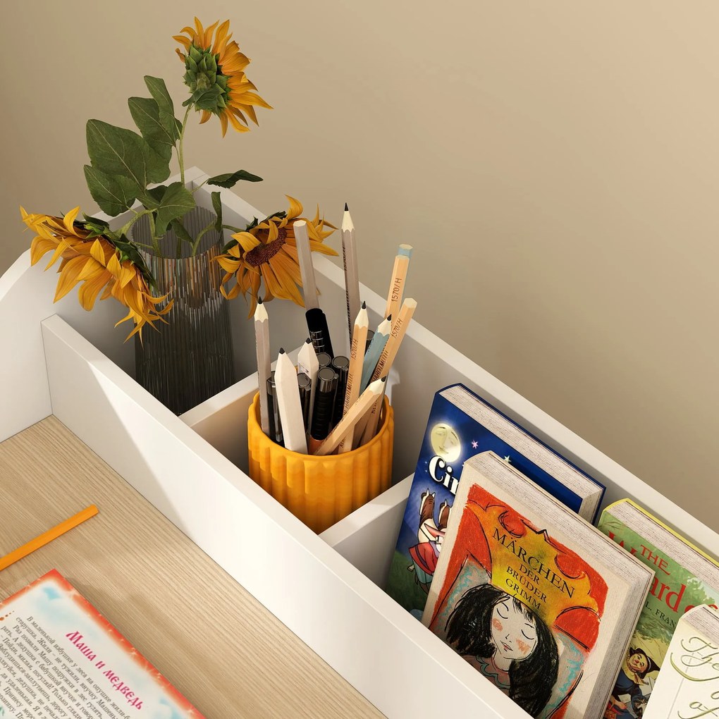 AIYAPLAY Gyerek Íróasztal és Szék Szett 3-8 Éveseknek, Fiúknak és Lányoknak szánt Íróasztal Székkel, Nyitott Rekeszekkel és Polcokkal, Gyerekszobába,