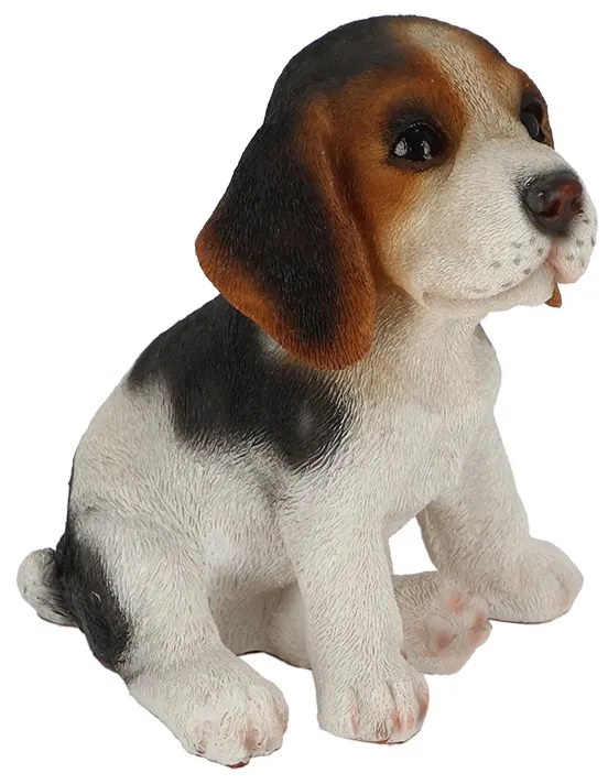 Beagle kiskutya polyresin szobor, fekete foltos, kültéri és beltéri dekorációs kiegészítő