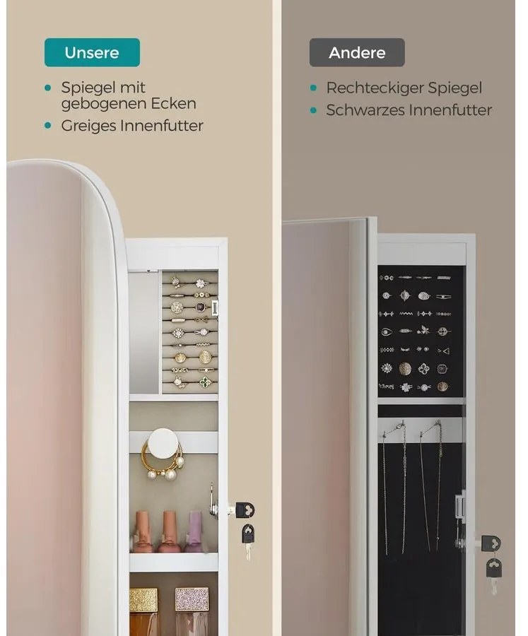 SONGMICS LED-es tükör ékszertárolóval 10×42×108 cm, fehér